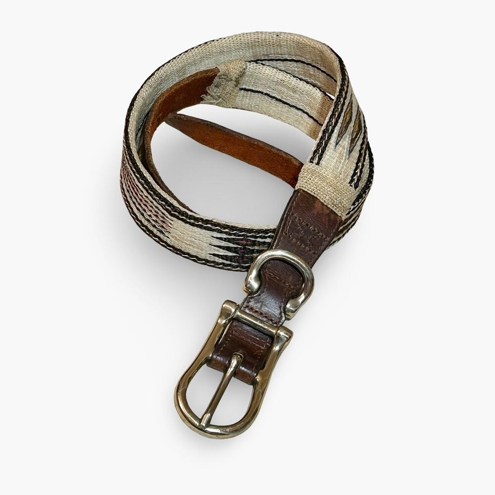 VTG 80s/90s Southwest Geometric Woven Leather Belt Heavy Brass Hardware
